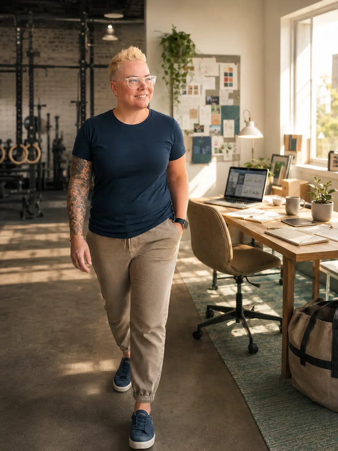 Juli walking through a bright studio space in athletic-casual styling