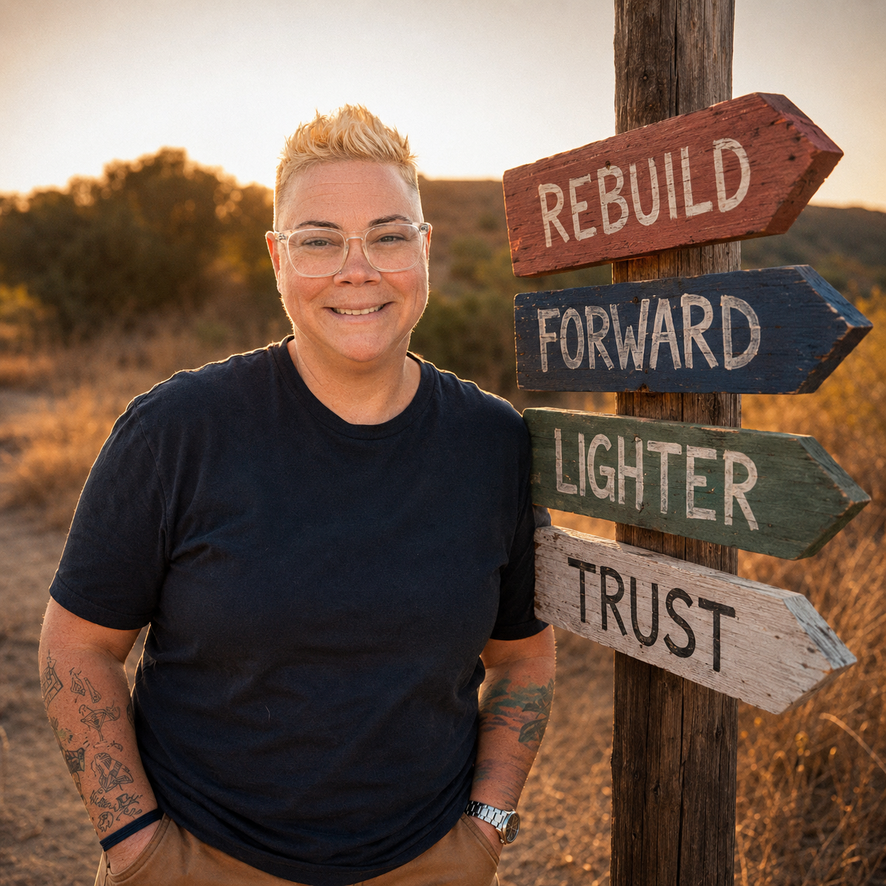Juli standing beside a wooden signpost pointing toward Rebuild, Forward, Lighter and Trust