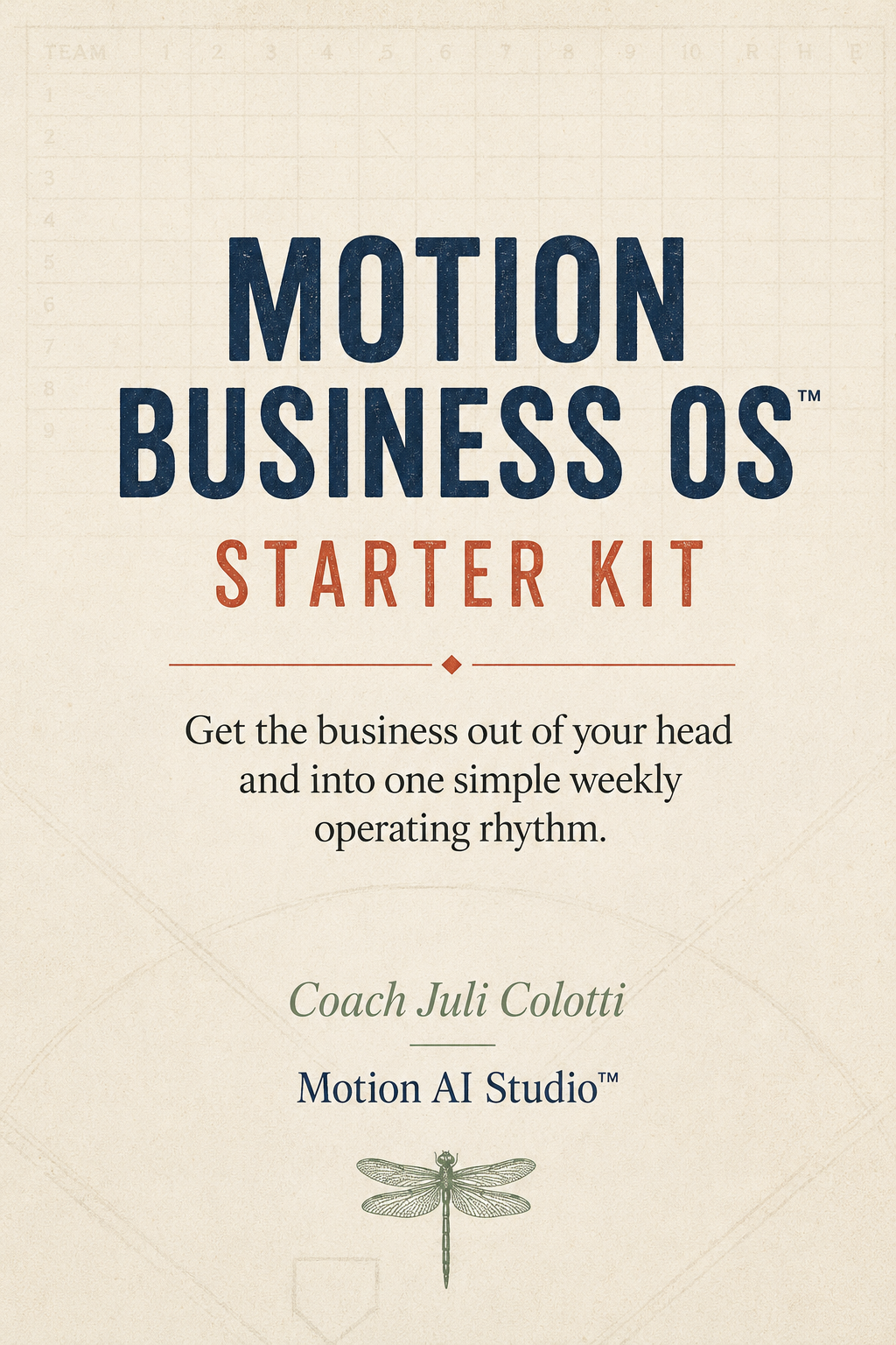 Motion Business OS™ Starter Kit cover: a field-guide style workbook cover in navy, clay red, and sage.