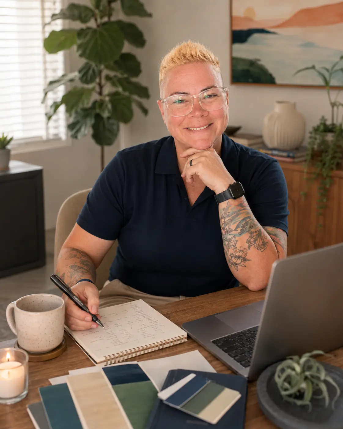 Juli Colotti smiling at her desk while writing in a notebook