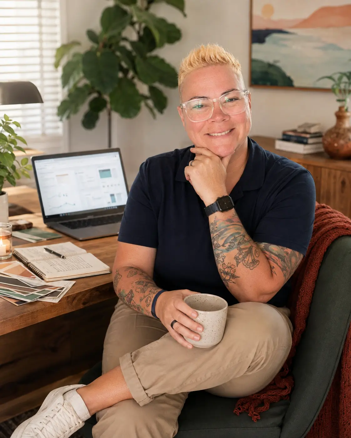 Juli at her desk holding a mug, chin resting on her hand