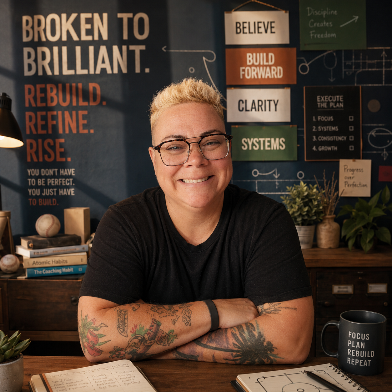 Juli at her desk in front of a Broken To Brilliant wall of signs reading Believe, Build Forward, Clarity and Systems